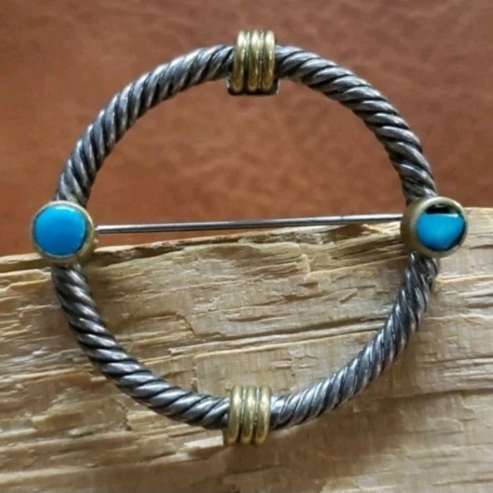 Vintage Taxco Mexico Turquoise Sterling Silver With Gold Accent Cable Brooch